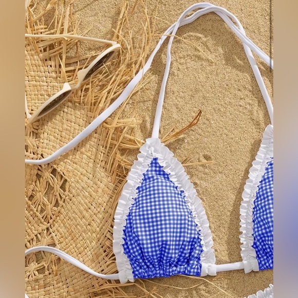 Blue White Gingham Ruffle Side Tie Bikini Set - Picture 5 of 8
